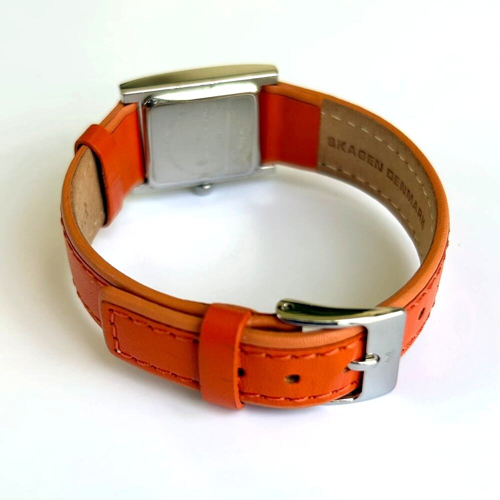 Skagen Denmark Square Watch Mother of Pearl Orange Leather Strap 2000s Vintage - Picture 5 of 14